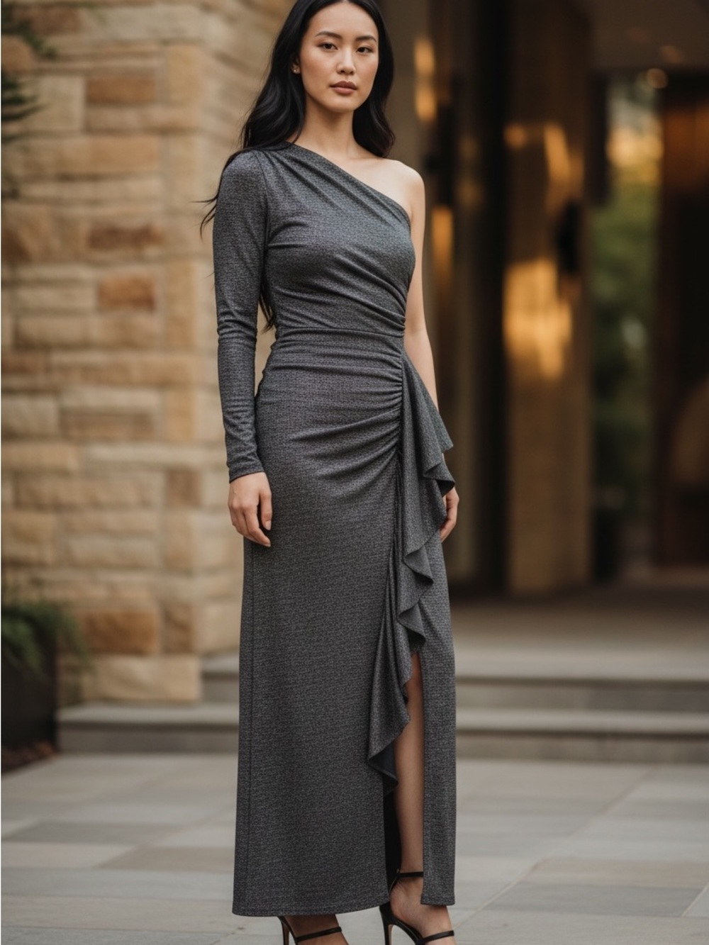 NWT David Meister One-Shoulder Metallic Black Evening Gown